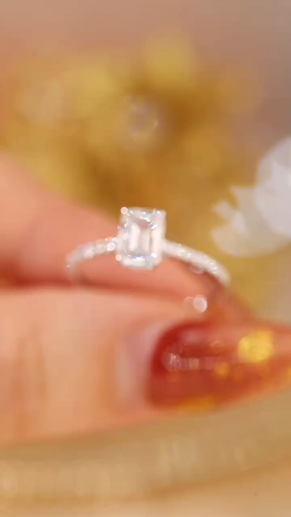 10K Gold Dainty Lab-Grown Ring - 1.00CT Emerald Cut Center + 0.13CT Side Stones Conflict-Free Anniversary Jewelry