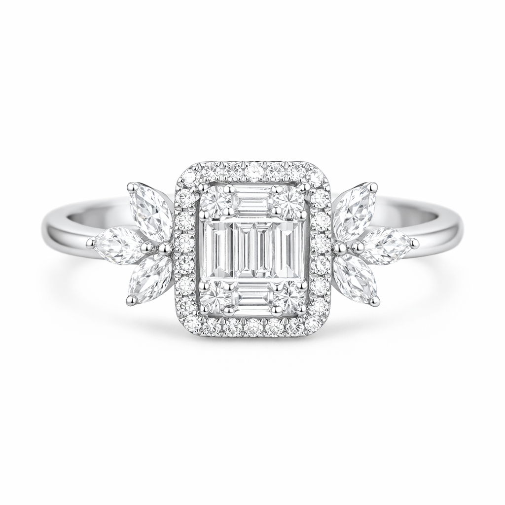 18k gold ring set with a natural diamond; the diamond features a Tapered Baguette cut and weighs 0.50carats.