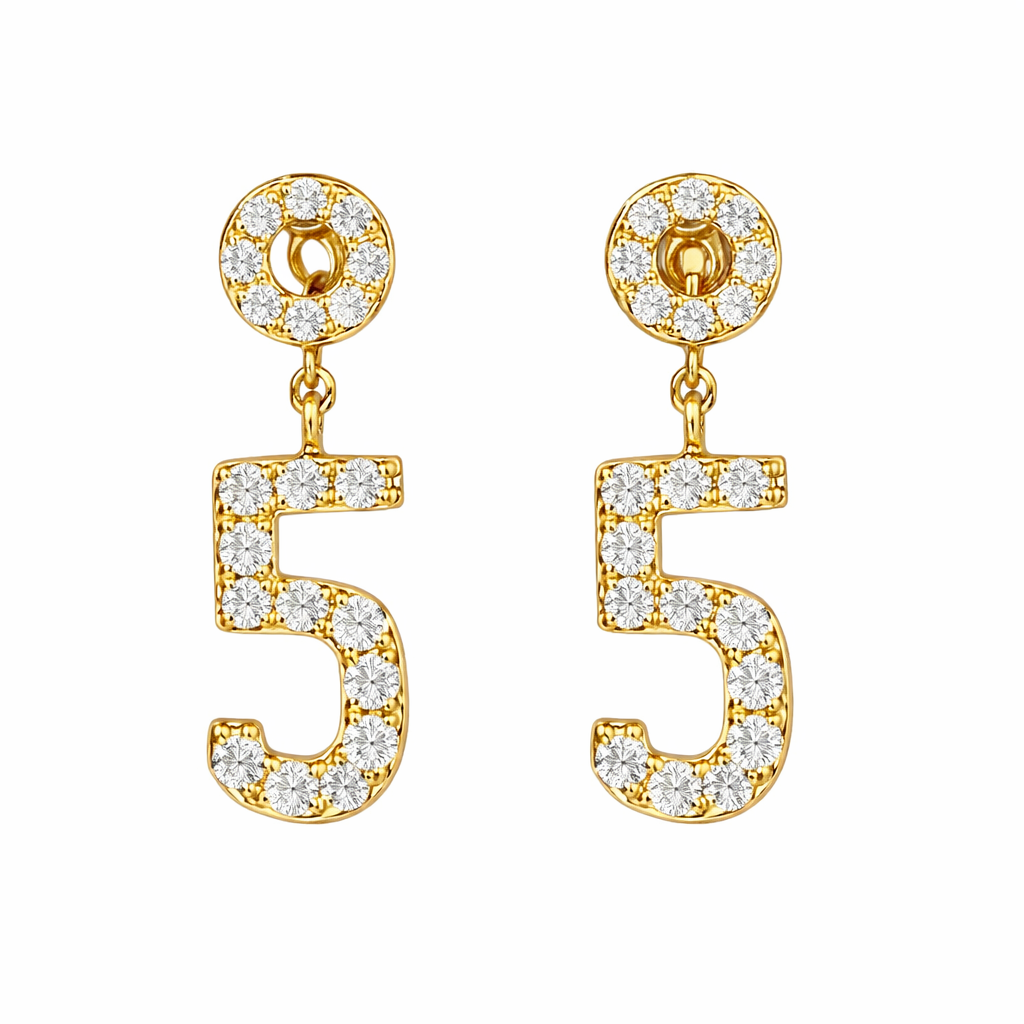 18k gold earring stud set with 0.36ct natural diamond and the number “5” embossed on it.