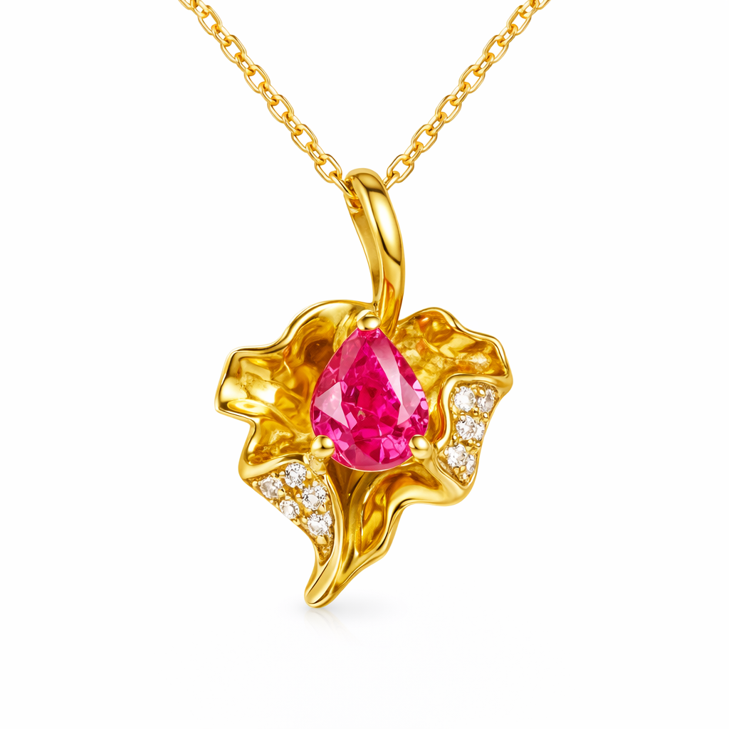18K gold necklace with design; the necklace is adorned with a 0.40-carat natural ruby and a 0.45-carat natural diamond, both set using the four-prong setting technique; the ruby has an oval shape.