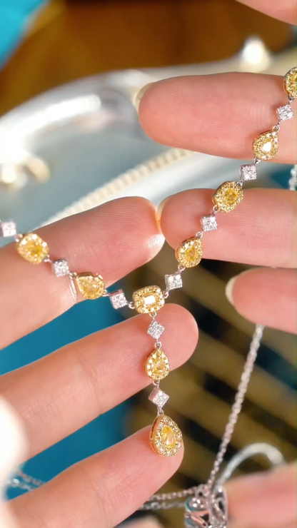 18k Gold Necklace, Luxury Yellow Diamond Necklace, Natural Diamond 2.30ct