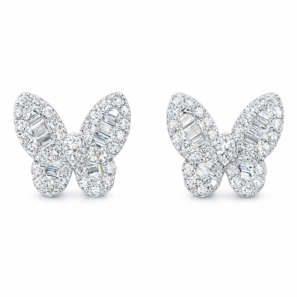 18-karat gold earrings in the shape of a butterfly, featuring a natural diamond of 0.22 carats set in a tapered baguette cut within a channel setting.
