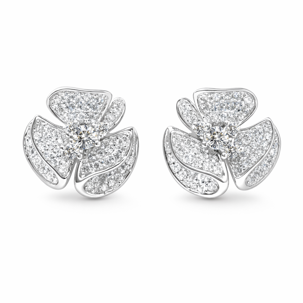 18k gold stud earrings set with 0.60ct diamond prong flowers roses
