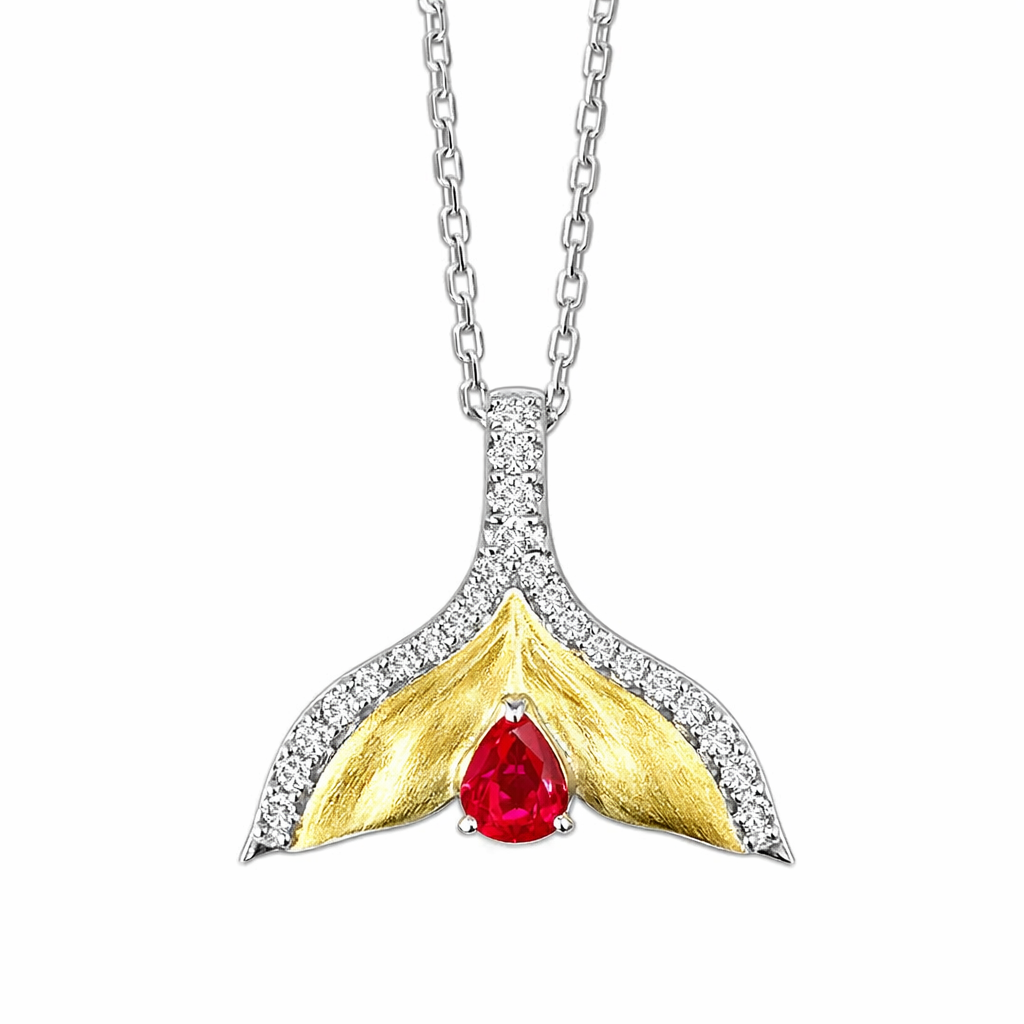 18K gold necklace with design; the necklace is adorned with a 0.40-carat natural ruby and a 0.45-carat natural diamond, both set using the four-prong setting technique; the ruby has an oval shape.