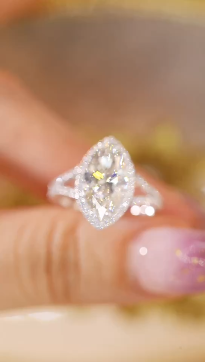 10K Gold Cultured Marquise Diamond Ring - 3.00ct Main + 0.40ct Four-Prong Lab Stones