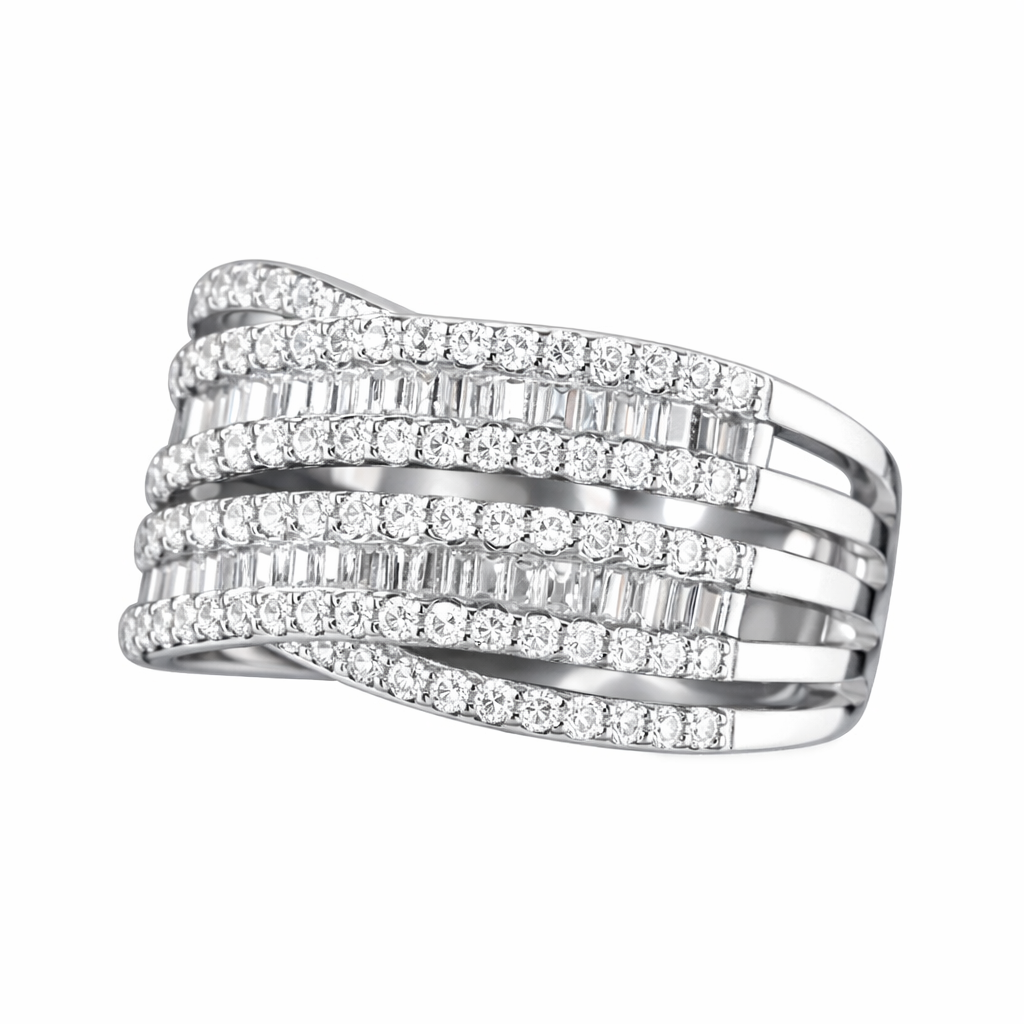 18k gold ring set with a natural diamond; the diamond features a Tapered Baguette cut and weighs 0.85carats.