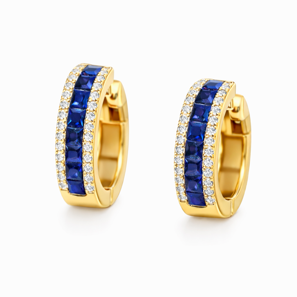 18k gold heart-shaped earrings featuring 0.64-carat natural sapphire and  0.12-carat natural diamond, set using a bezel setting technique.Mystery Setting