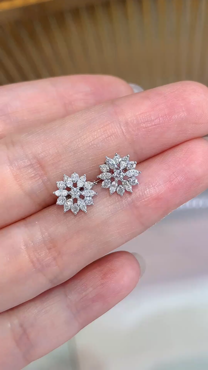 18K Gold Natural Diamond Stud Earrings | Cluster-Set 0.60 CT Diamonds