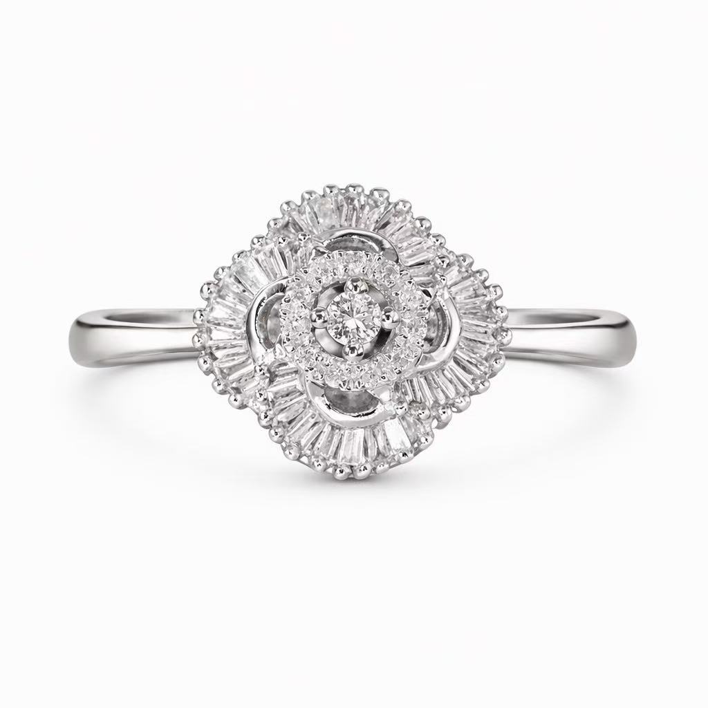 18k gold ring set with a natural diamond; the diamond features a Tapered Baguette cut and weighs 0.25carats.