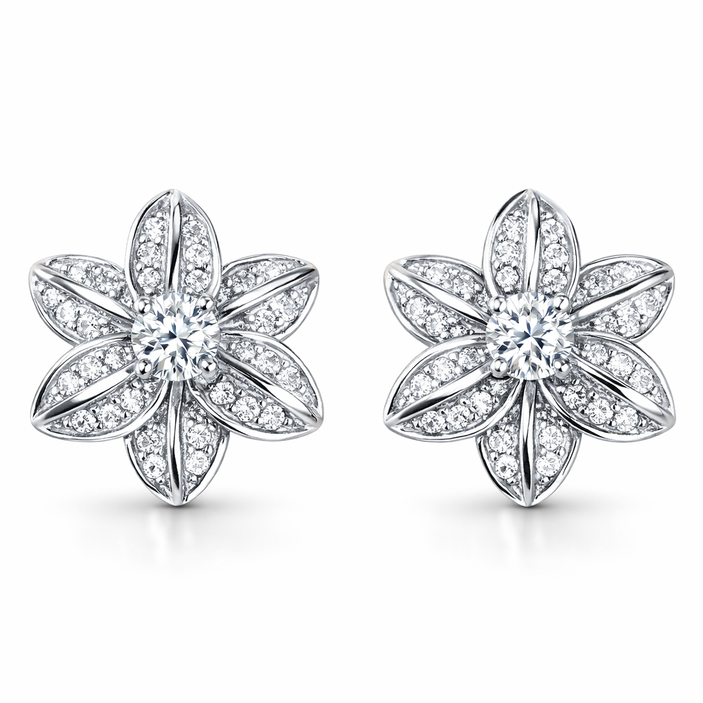 18-karat gold earrings set with a natural diamond of 0.30 carats, in a cluster setting. flowers