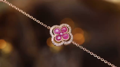 18k Gold Bracelet, Clover Design, 0.40ct Ruby, 0.10ct Natural Diamond