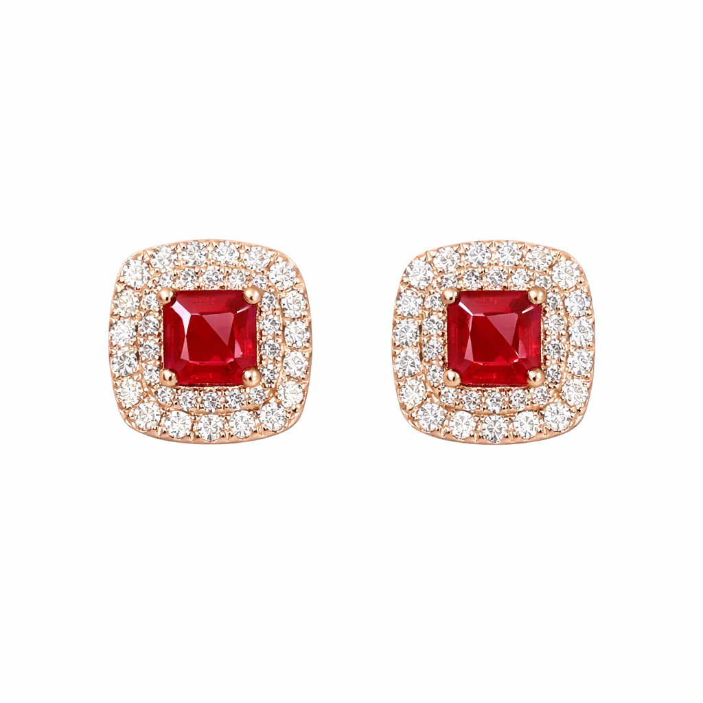 18-karat gold earrings, set with a natural ruby of 0.44carats and a natural diamond of 0.36carats, featuring four prongs