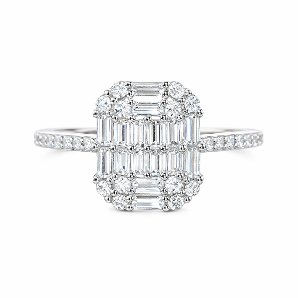 18k gold ring set with a natural diamond; the diamond features a Tapered Baguette cut and weighs 0.50 carats.