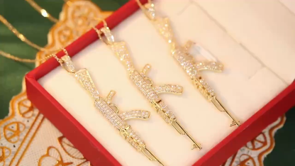 18k Gold Necklace, Hip-Hop Style, West Coast Design, “Golden AK47” Theme, with a 0.68ct Natural Diamond