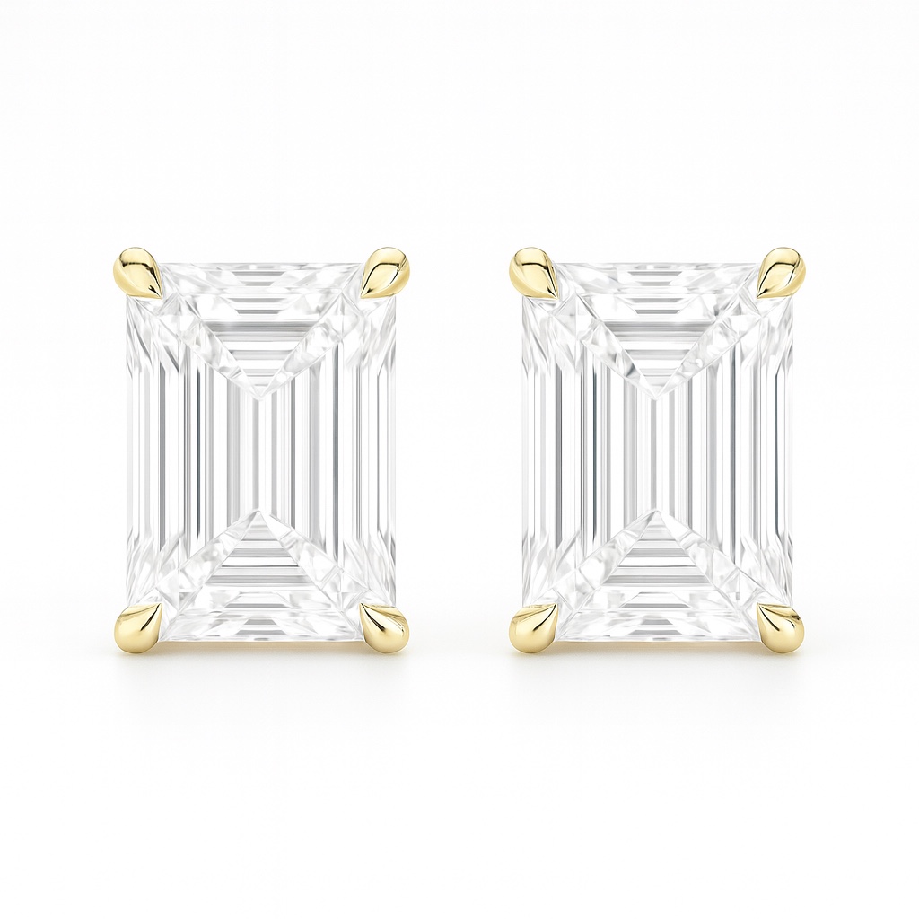 10K gold emerald cut four-prong earrings