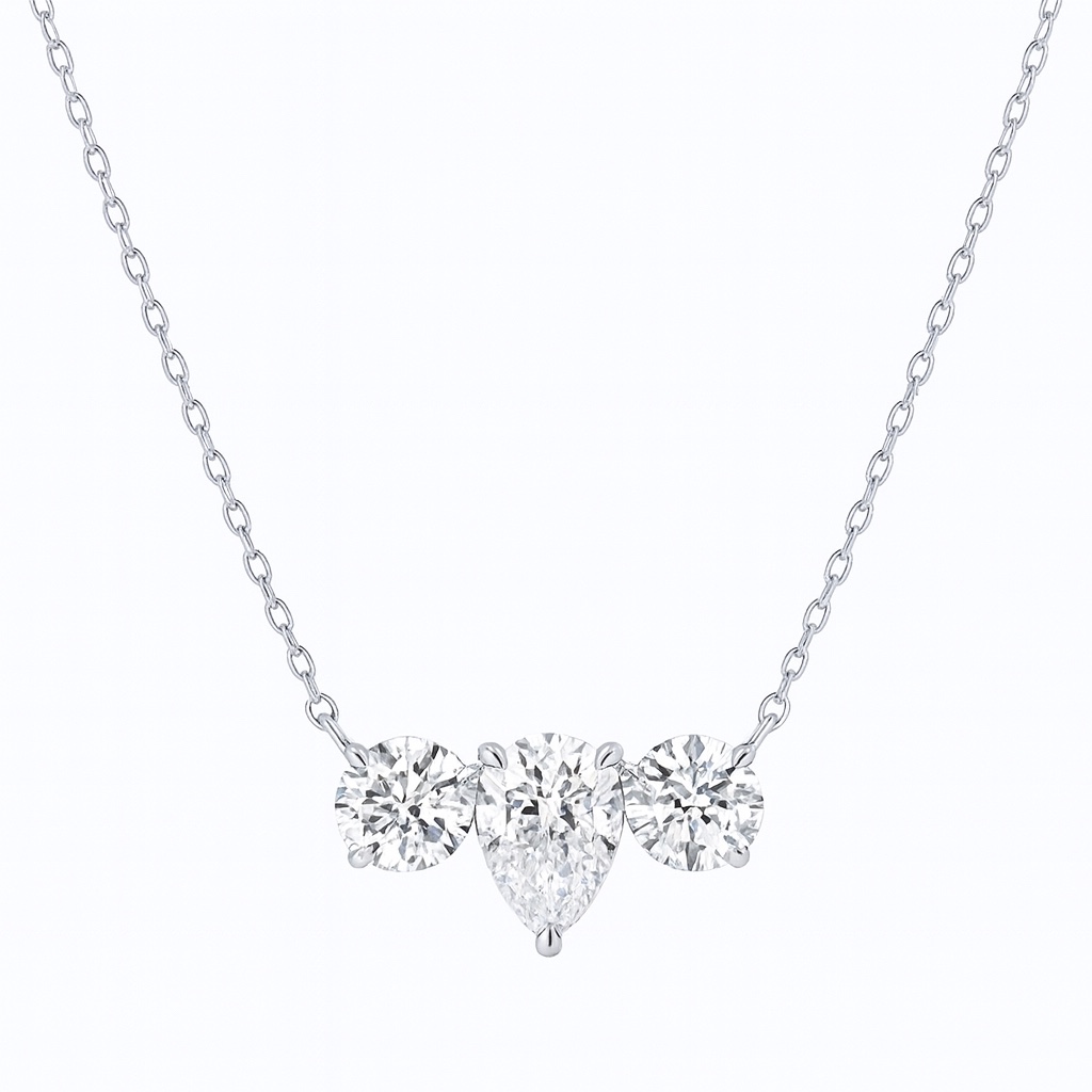 10K Gold Trilliant Necklace · 3-Stone Design with 1.05ct Pear & 0.50ct Round Lab Grown Diamonds