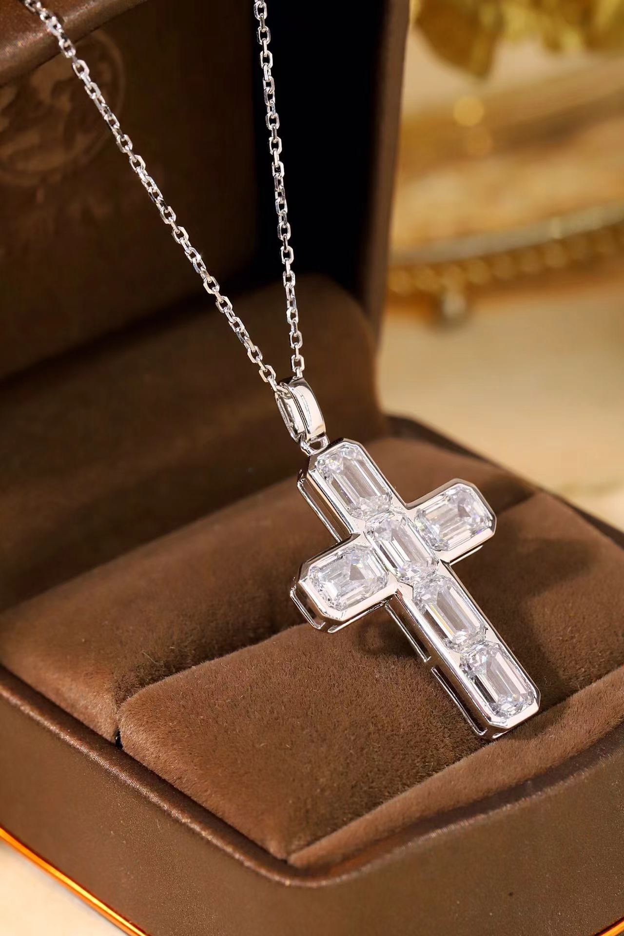 10K gold Smooth lines ·  Emerald Cut Lab Grown Diamond Cross Necklace