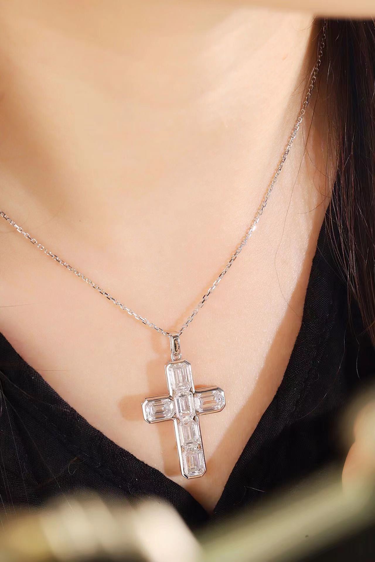 10K gold Smooth lines ·  Emerald Cut Lab Grown Diamond Cross Necklace