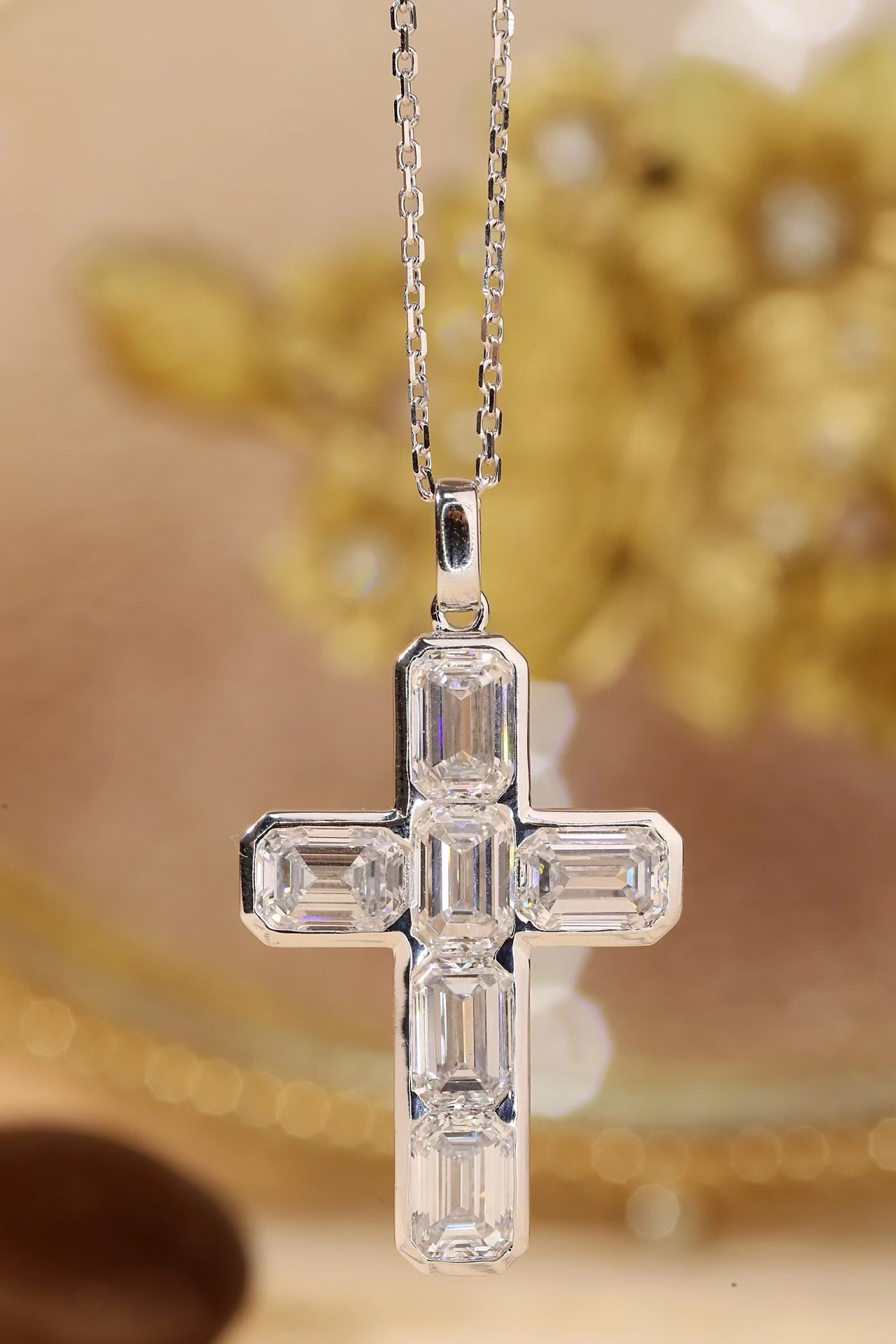 10K gold Smooth lines ·  Emerald Cut Lab Grown Diamond Cross Necklace