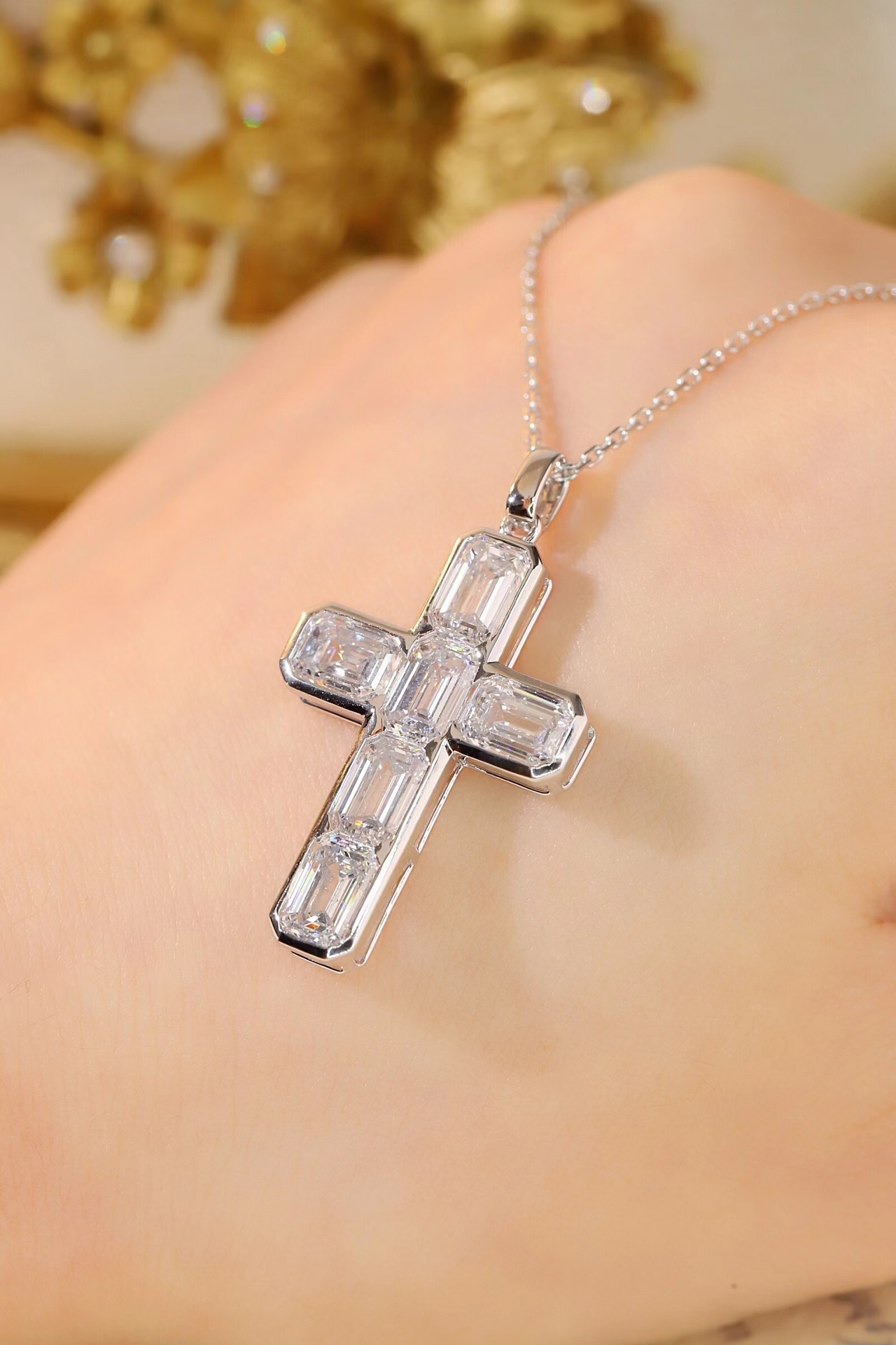 10K gold Smooth lines ·  Emerald Cut Lab Grown Diamond Cross Necklace