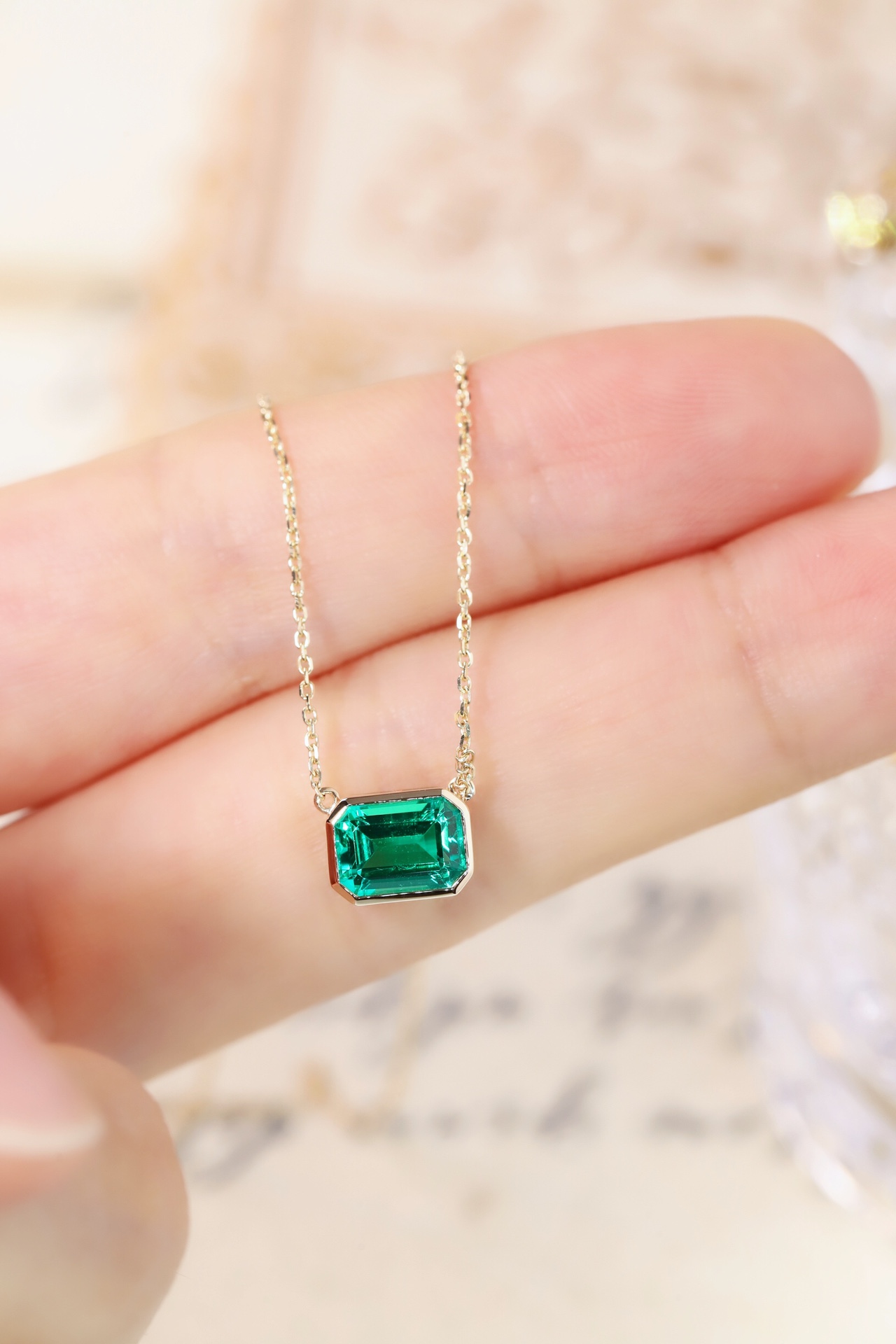 10K gold Pure Elegance · 1ct Emerald Cut Bezel Set Lab Grown Gemstone Necklace