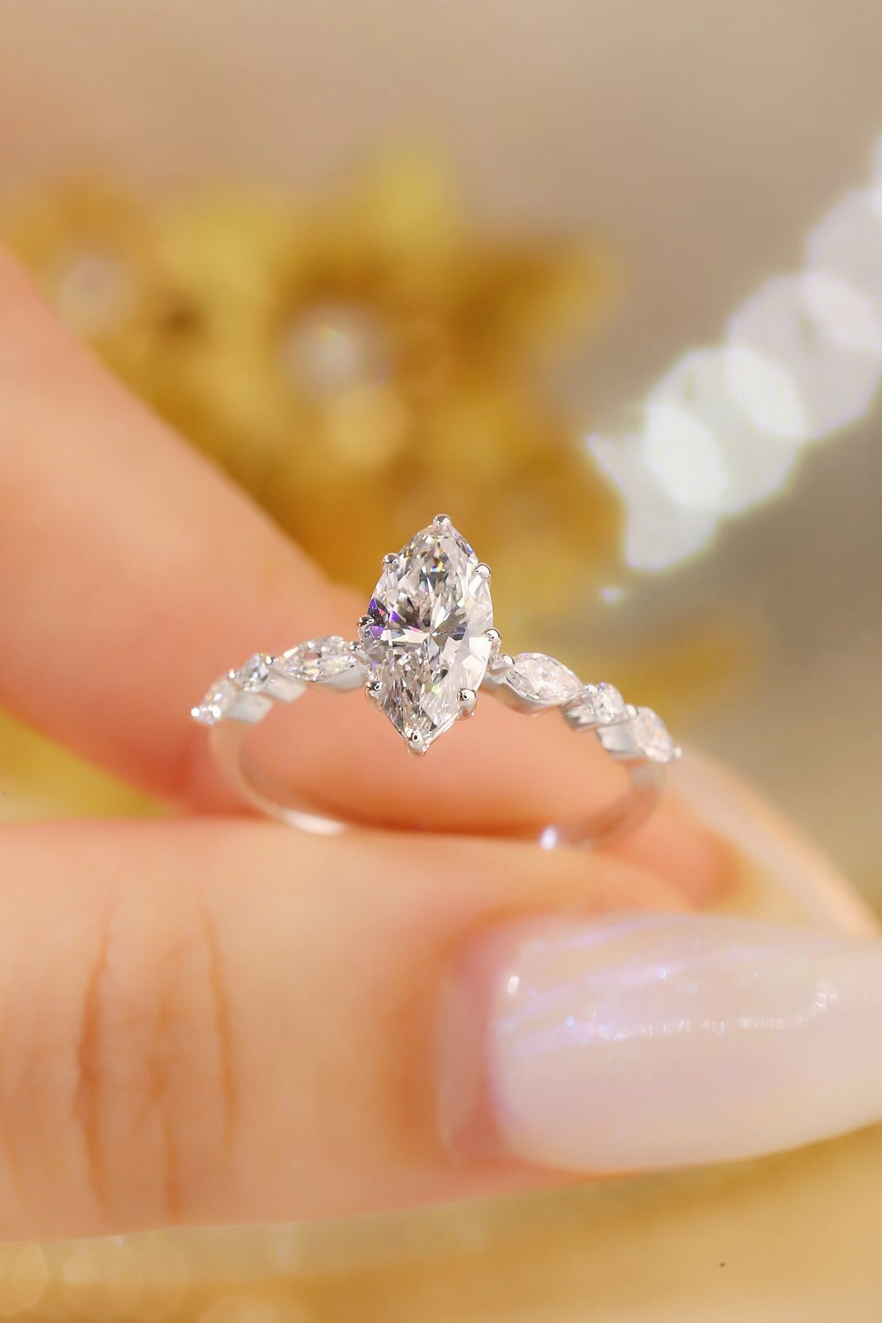 10K Gold Marquise Sparkle · 1ct Lab-Grown Marquise Cut Diamond Ring with Accent Stones