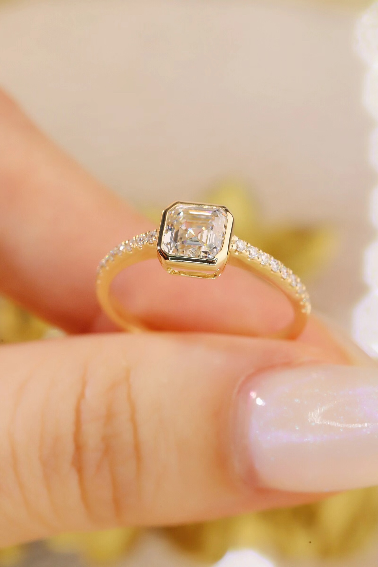 10K Gold Timeless Elegance · 1ct Asscher Cut Lab Grown Diamond Ring with Pavé Band