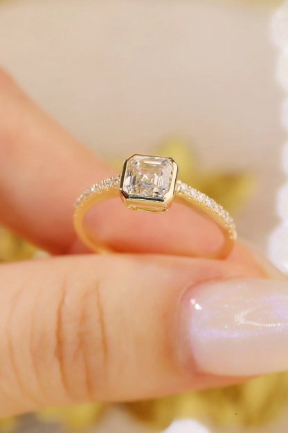 10K Gold Timeless Elegance · 1ct Asscher Cut Lab Grown Diamond Ring with Pavé Band
