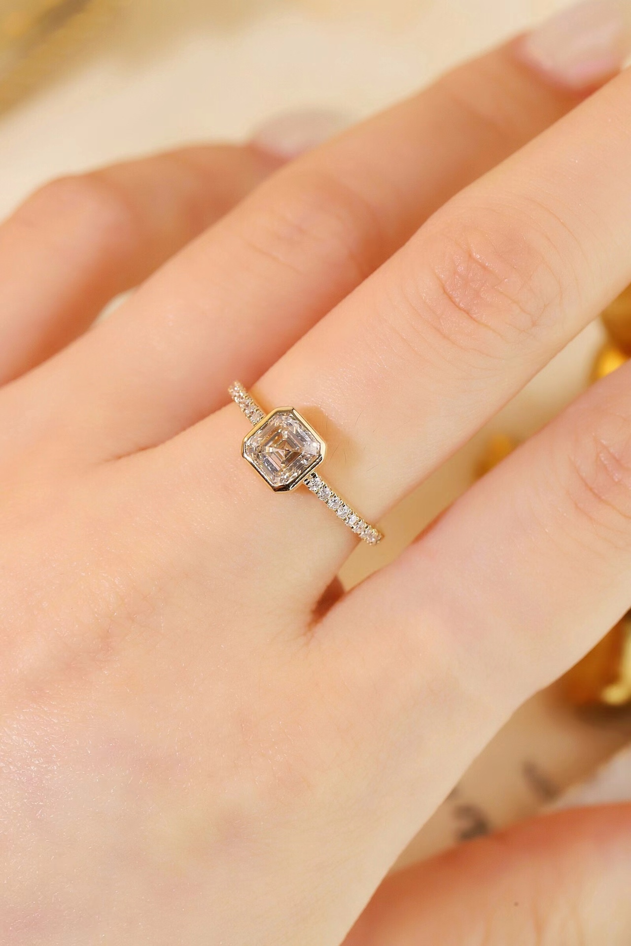 10K Gold Timeless Elegance · 1ct Asscher Cut Lab Grown Diamond Ring with Pavé Band