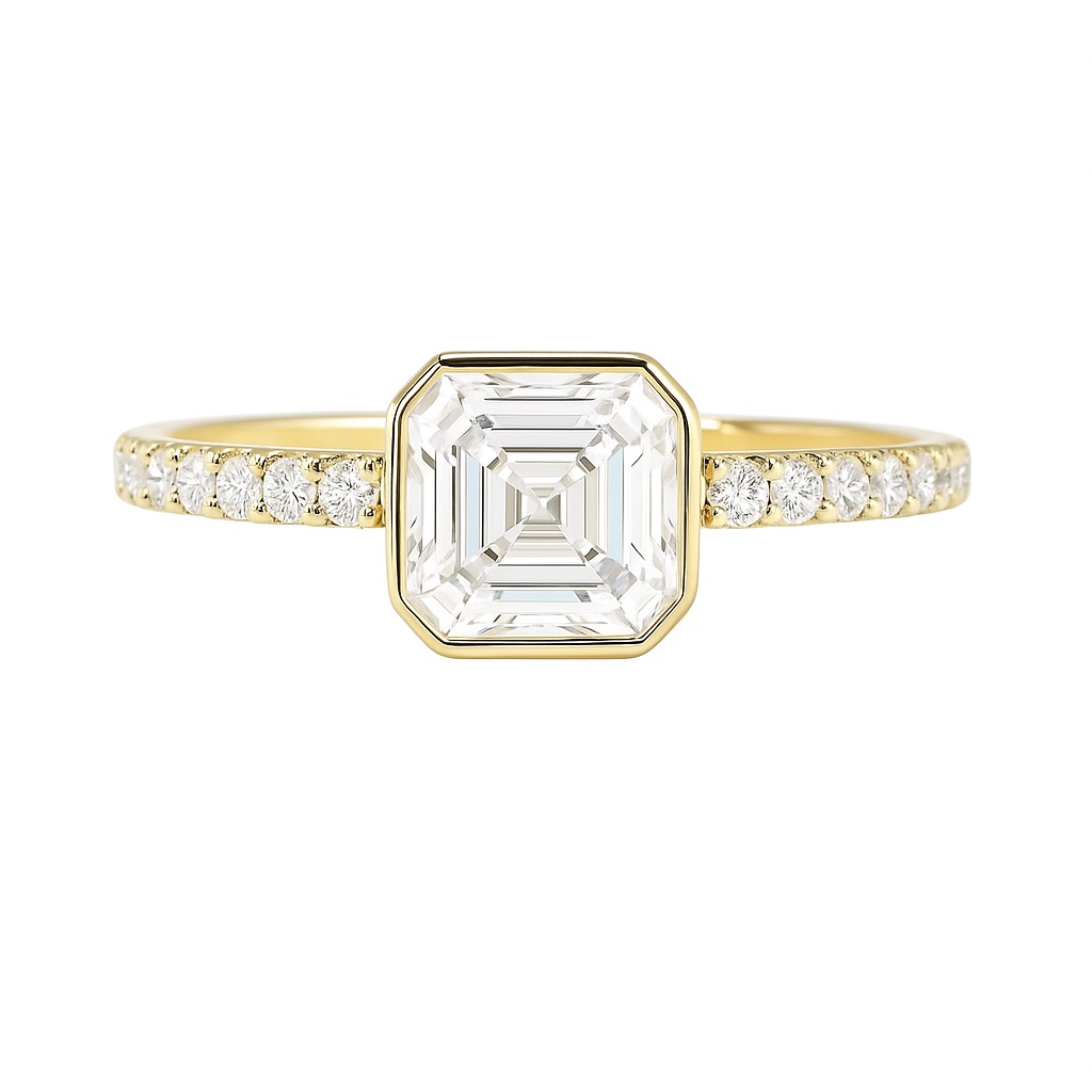 10K Gold Timeless Elegance · 1ct Asscher Cut Lab Grown Diamond Ring with Pavé Band