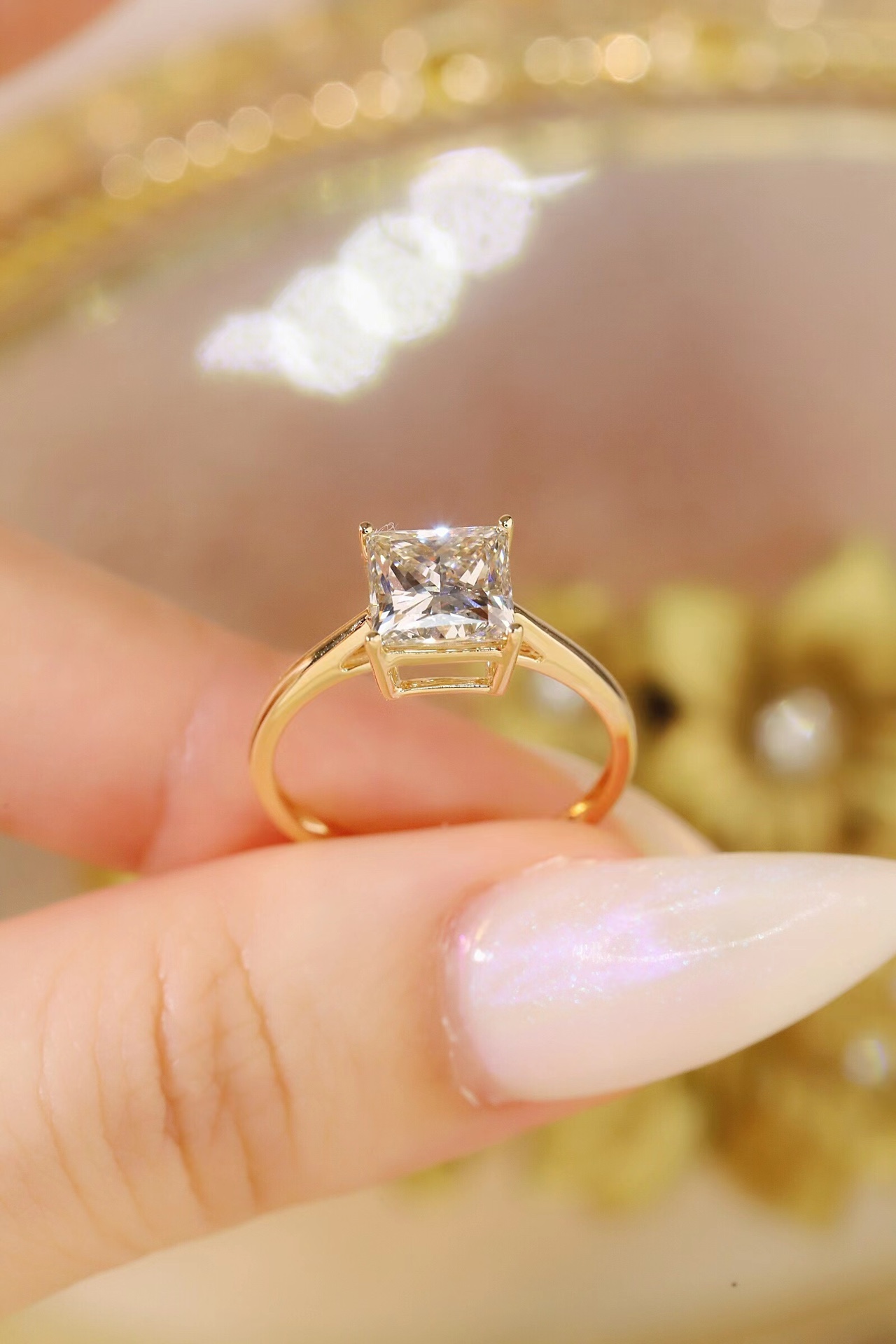 Dainty 10K Gold Lab-Grown Princess Cut Diamond Ring (2ct), 4-Prong Simple Stackable Ring