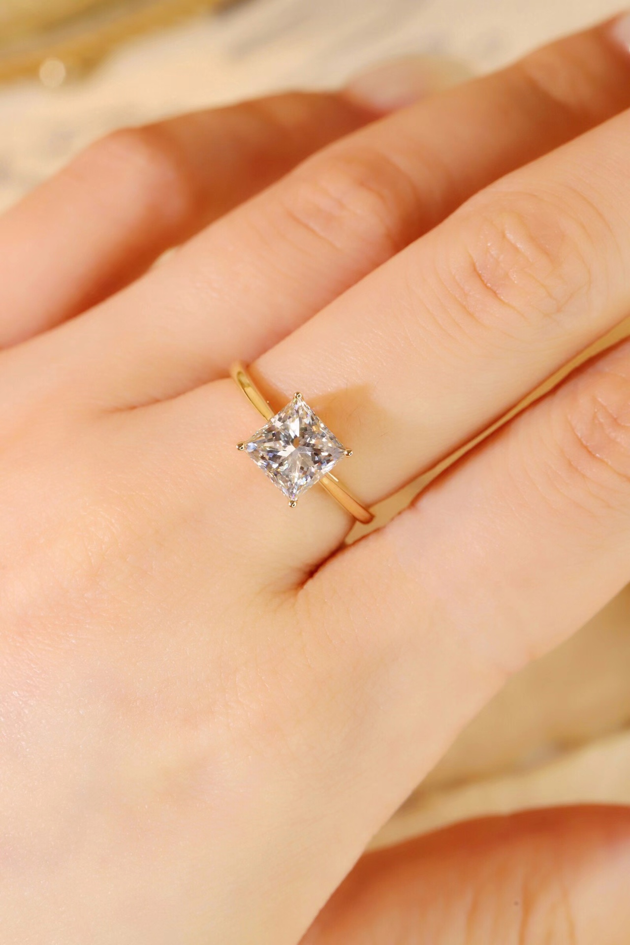 Dainty 10K Gold Lab-Grown Princess Cut Diamond Ring (2ct), 4-Prong Simple Stackable Ring