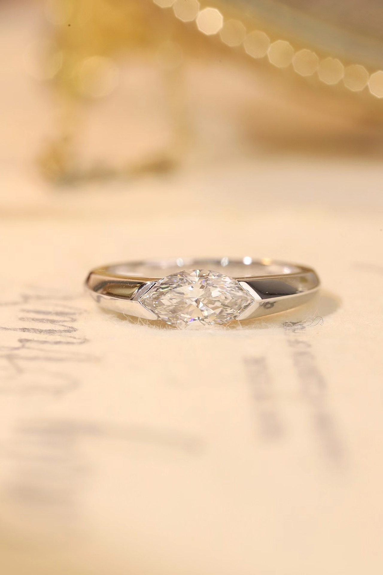 Trendy 10K Gold 1ct Lab-Grown Marquise Ring, Bezel Slim Band, Stylish Date & Party Wear
