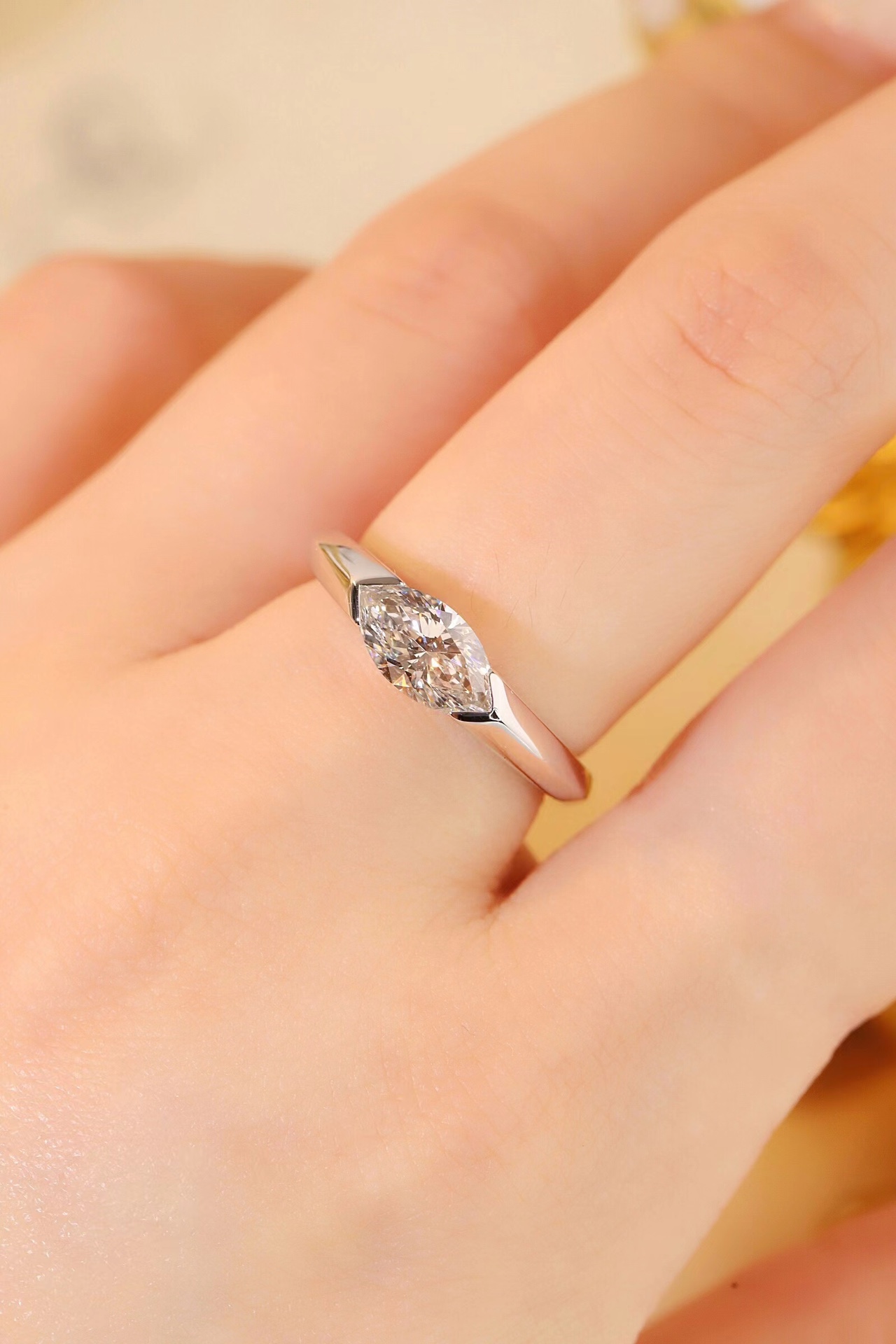 Trendy 10K Gold 1ct Lab-Grown Marquise Ring, Bezel Slim Band, Stylish Date & Party Wear