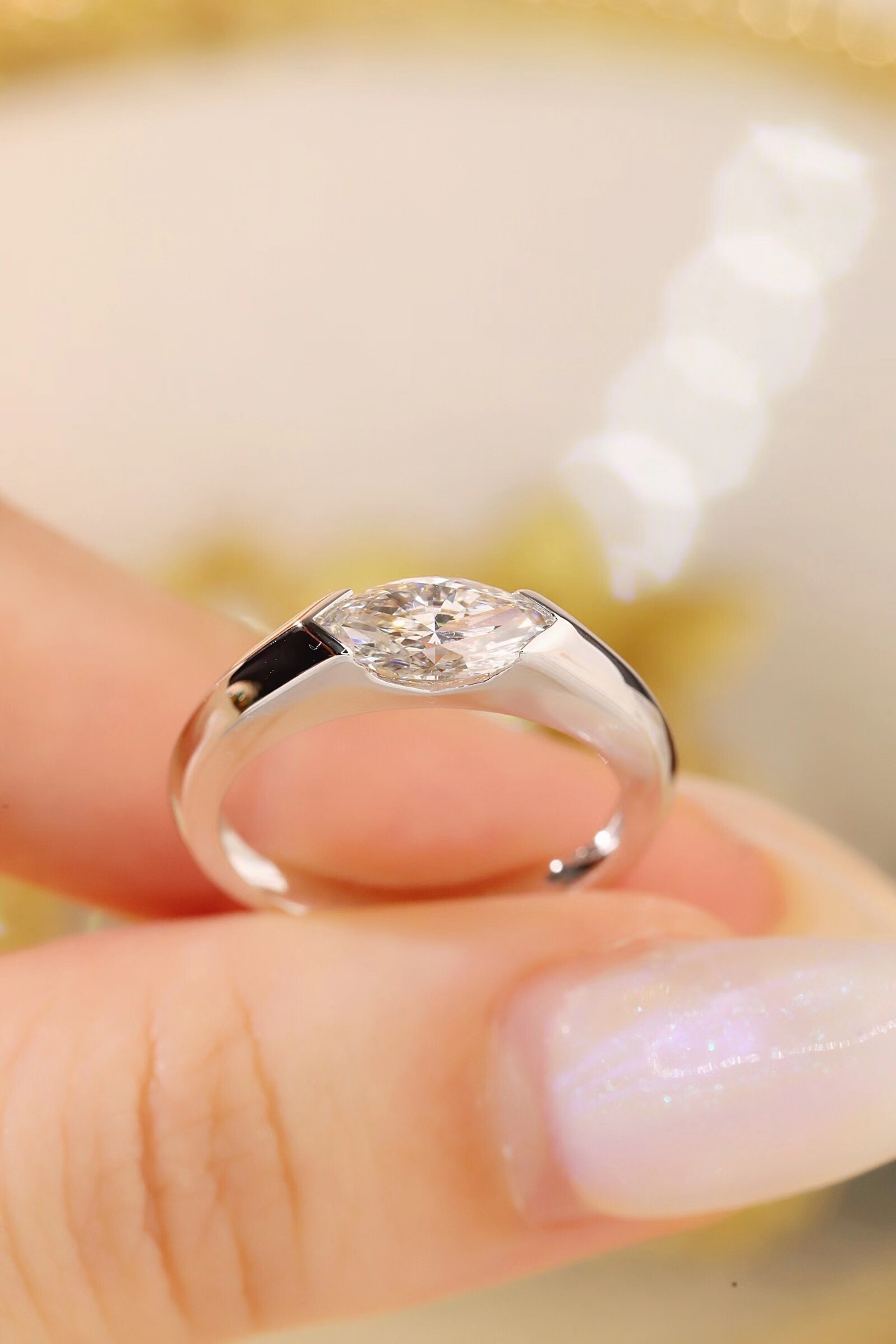 Trendy 10K Gold 1ct Lab-Grown Marquise Ring, Bezel Slim Band, Stylish Date & Party Wear