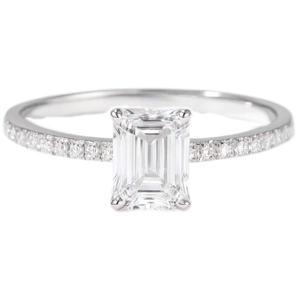 10K Gold Dainty Lab-Grown Ring - 1.00CT Emerald Cut Center + 0.13CT Side Stones Conflict-Free Anniversary Jewelry