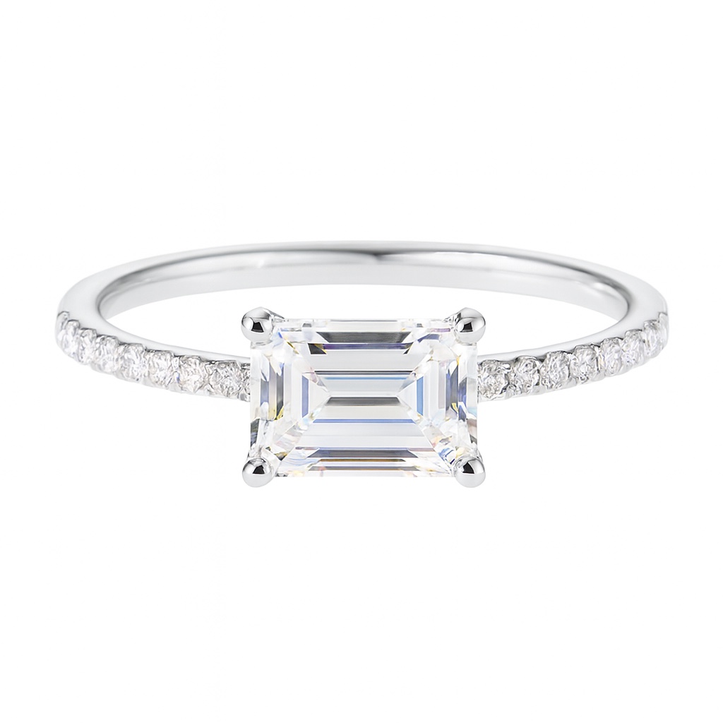 10K Solid Gold 1.00CT Lab-Grown Emerald Cut Ring - 0.13CT Side Stones Ethical Engagement Gift for Her