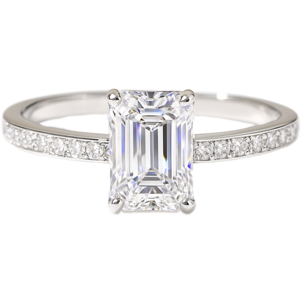 Lab-Created Emerald Cut Engagement Ring - 1.00CT Main + 0.10CT Accent Stones 10K Gold Sustainable Daily Wear