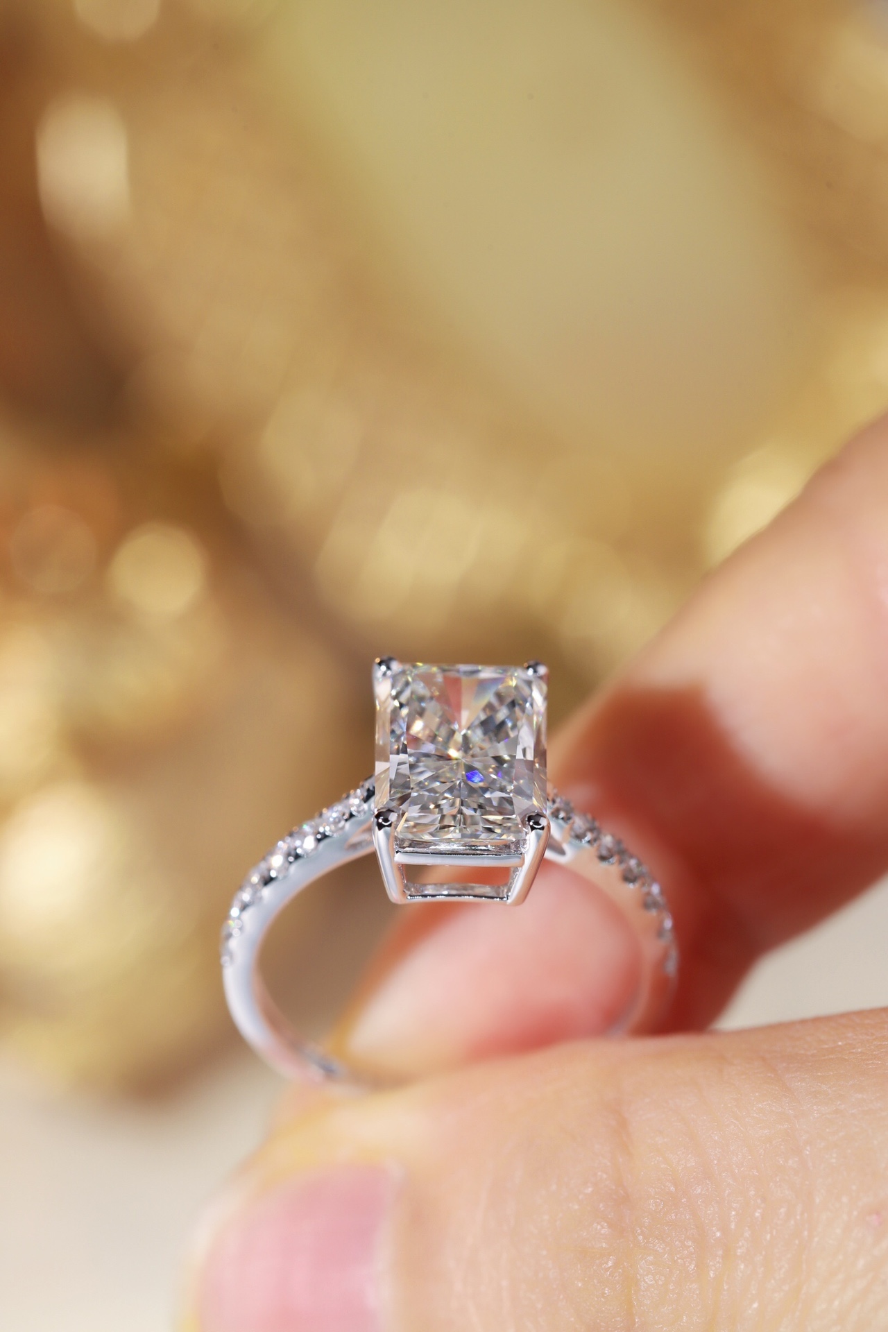 Wedding Ready! 10K Gold Lab Diamond Engagement Ring (3.00ct Radiant + 0.25ct Sidestones)