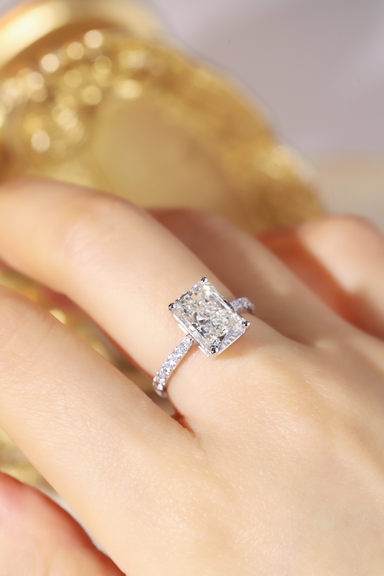 Wedding Ready! 10K Gold Lab Diamond Engagement Ring (3.00ct Radiant + 0.25ct Sidestones)