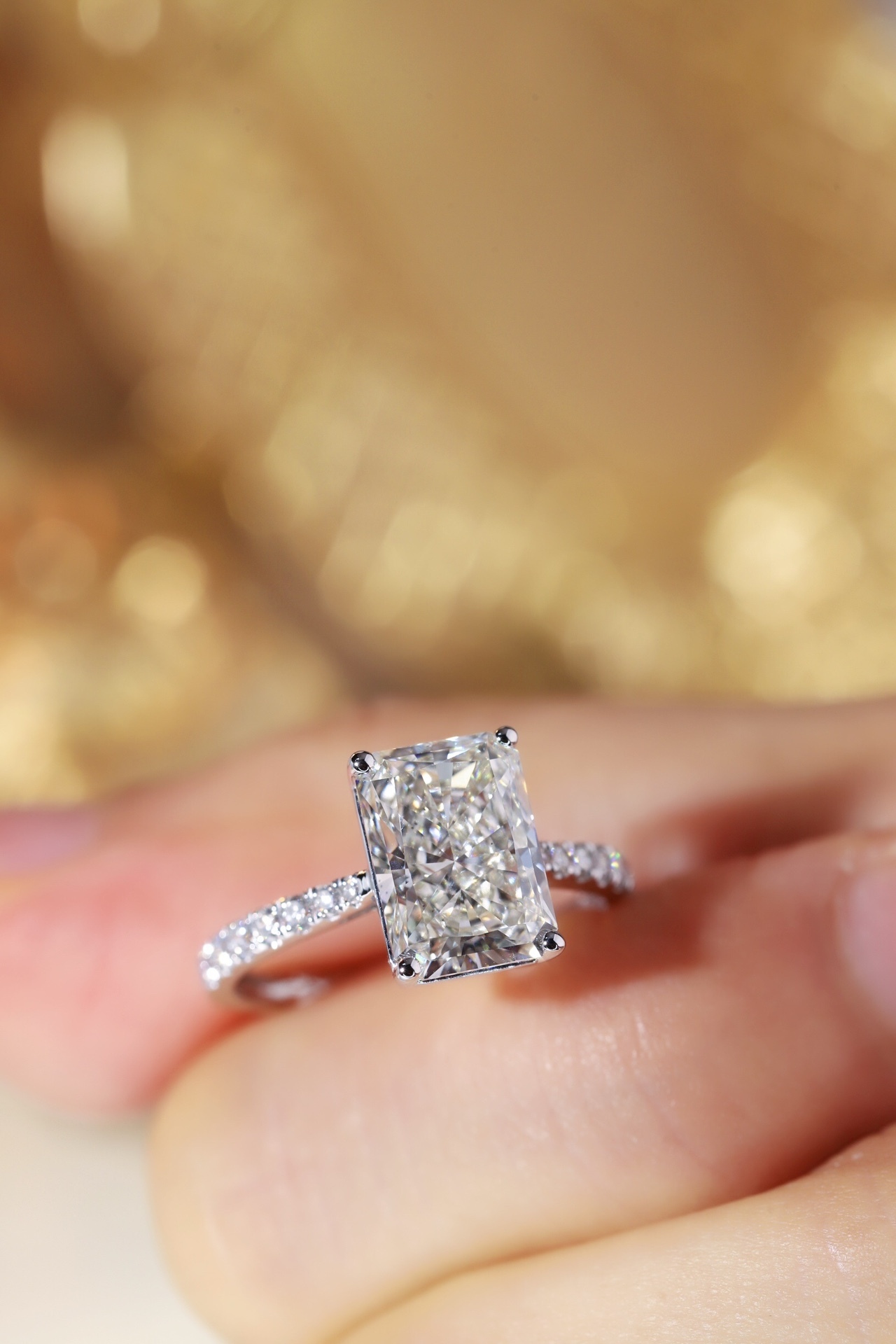 Wedding Ready! 10K Gold Lab Diamond Engagement Ring (3.00ct Radiant + 0.25ct Sidestones)