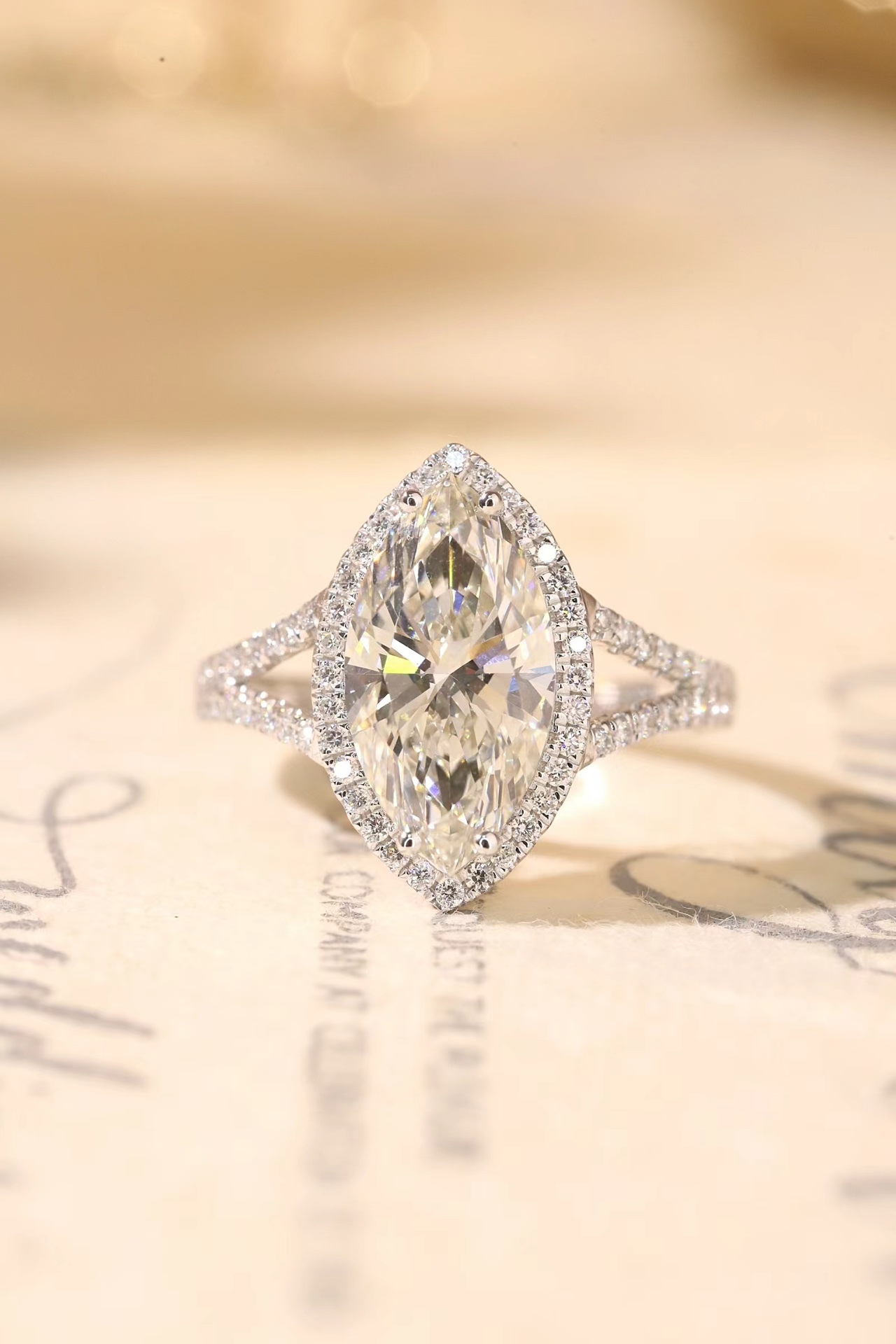 10K Gold Cultured Marquise Diamond Ring - 3.00ct Main + 0.40ct Four-Prong Lab Stones