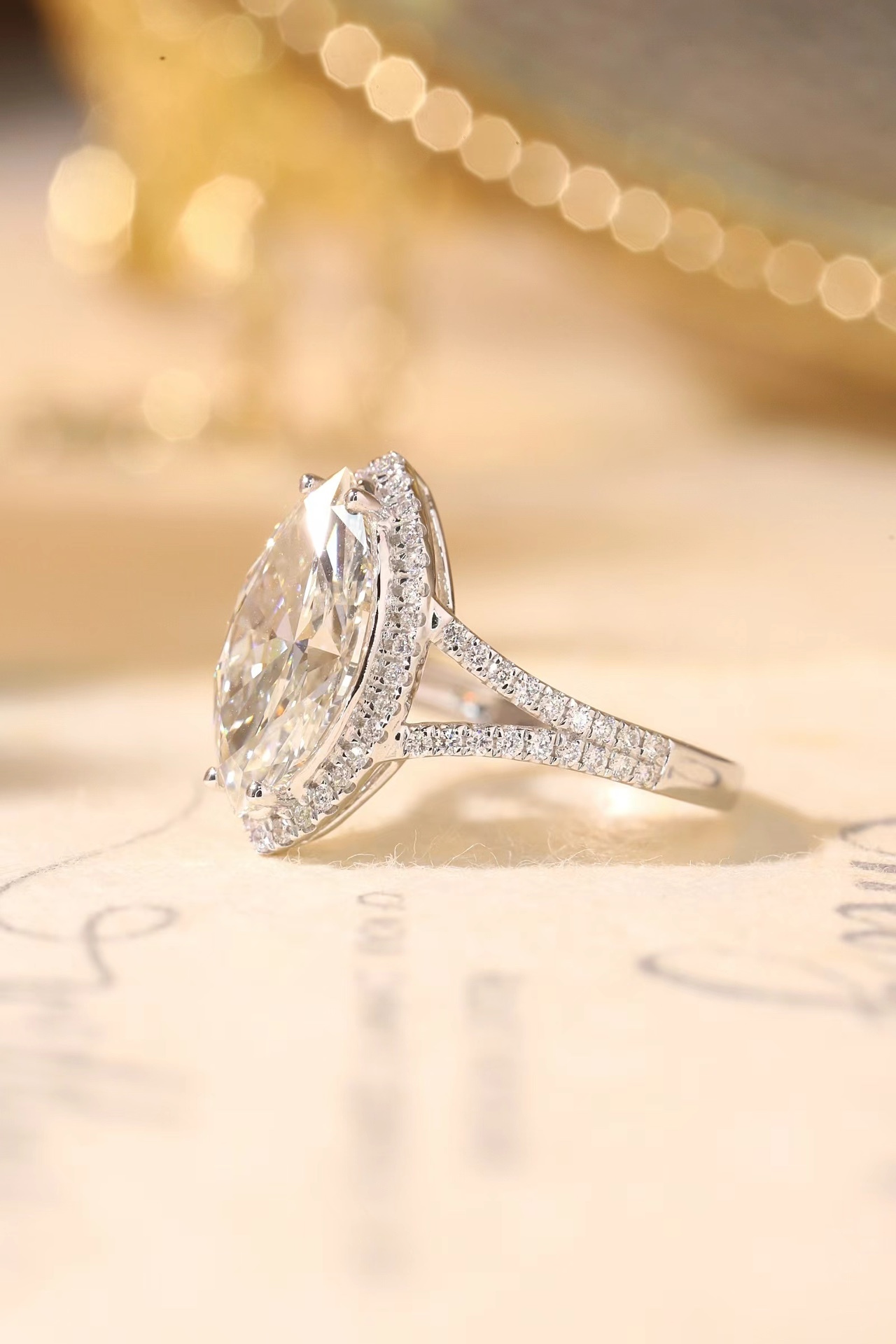 10K Gold Cultured Marquise Diamond Ring - 3.00ct Main + 0.40ct Four-Prong Lab Stones