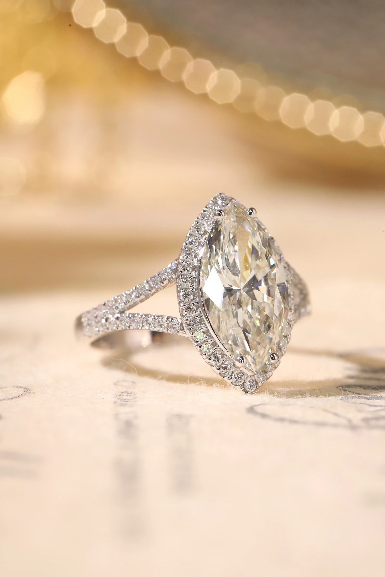 10K Gold Cultured Marquise Diamond Ring - 3.00ct Main + 0.40ct Four-Prong Lab Stones