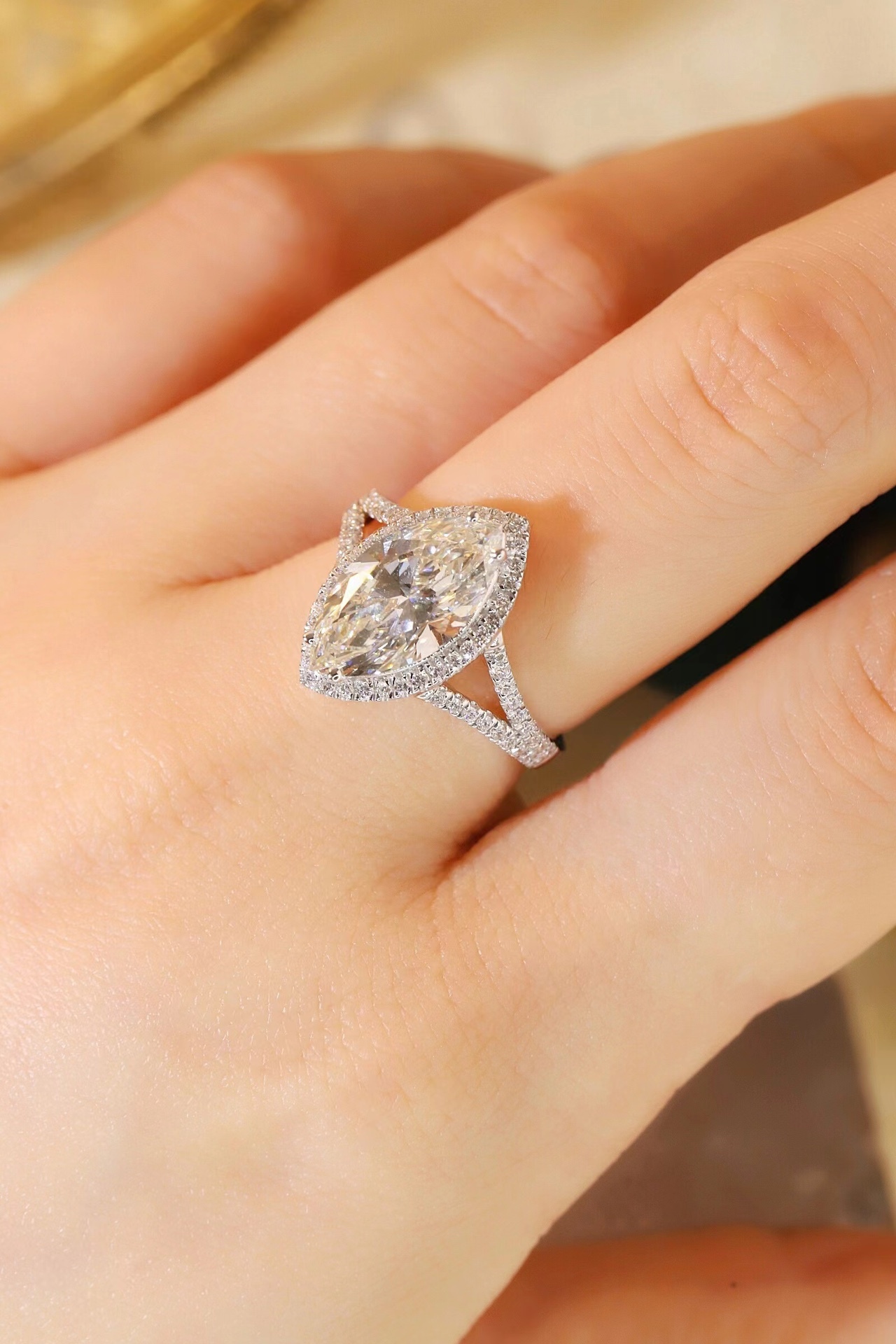 10K Gold Cultured Marquise Diamond Ring - 3.00ct Main + 0.40ct Four-Prong Lab Stones