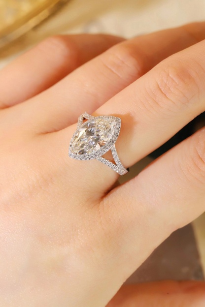 10K Gold Cultured Marquise Diamond Ring - 3.00ct Main + 0.40ct Four-Prong Lab Stones