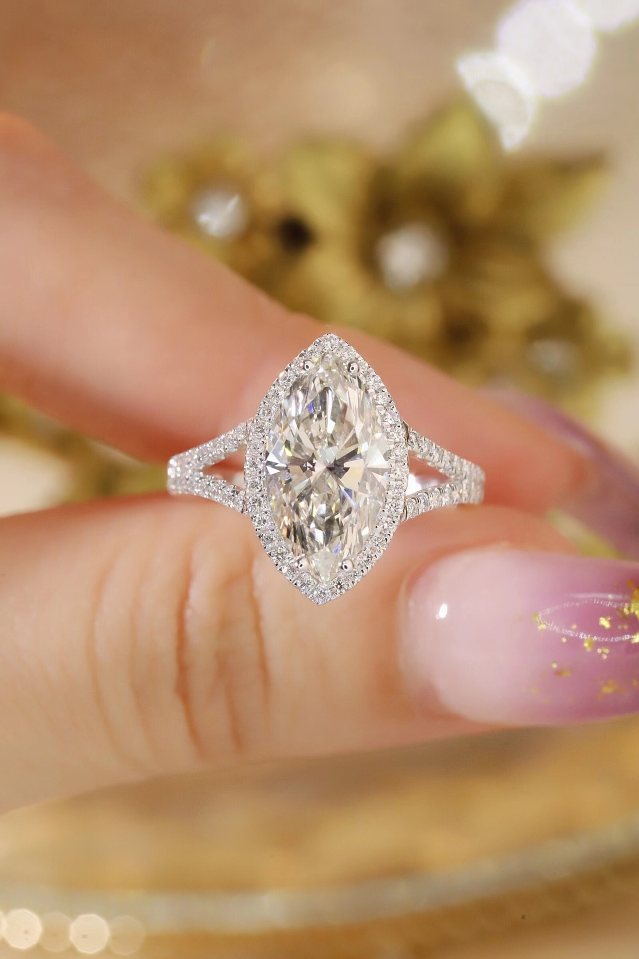 10K Gold Cultured Marquise Diamond Ring - 3.00ct Main + 0.40ct Four-Prong Lab Stones