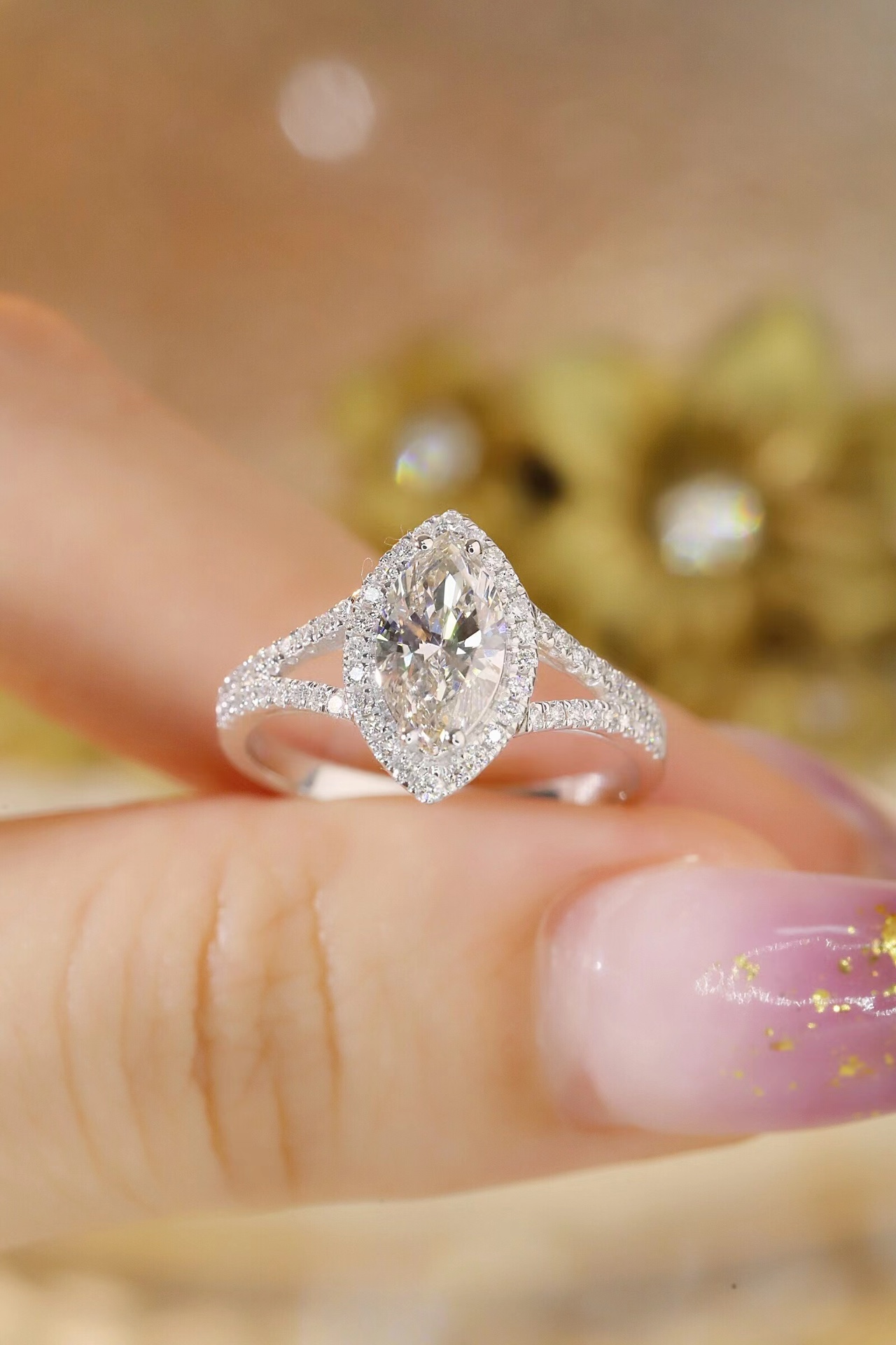 10K Gold Elegant Glow · 1ct Marquise Cut Lab Grown Diamond Ring with 0.30ct Side Stones