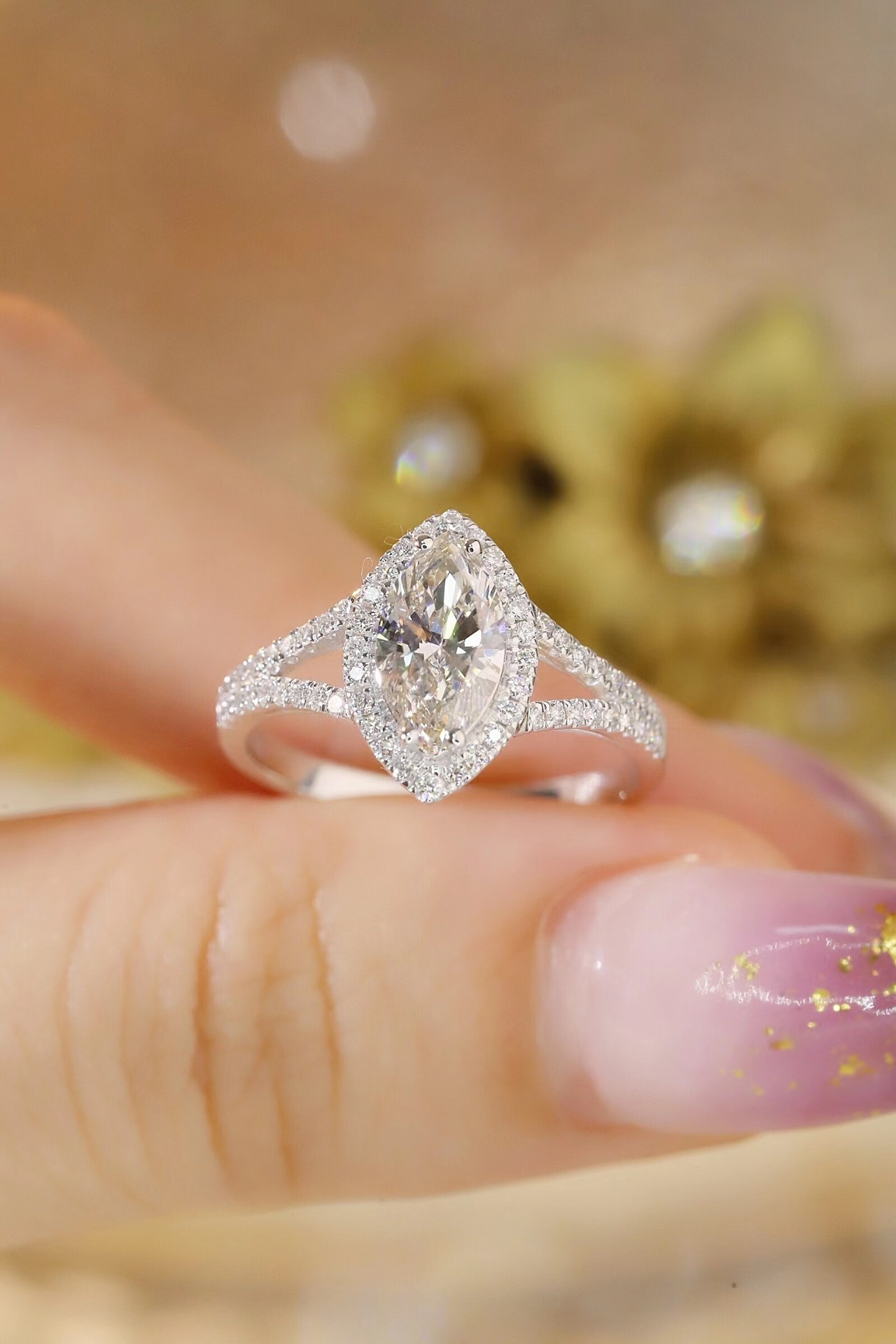 10K Gold Elegant Glow · 1ct Marquise Cut Lab Grown Diamond Ring with 0.30ct Side Stones