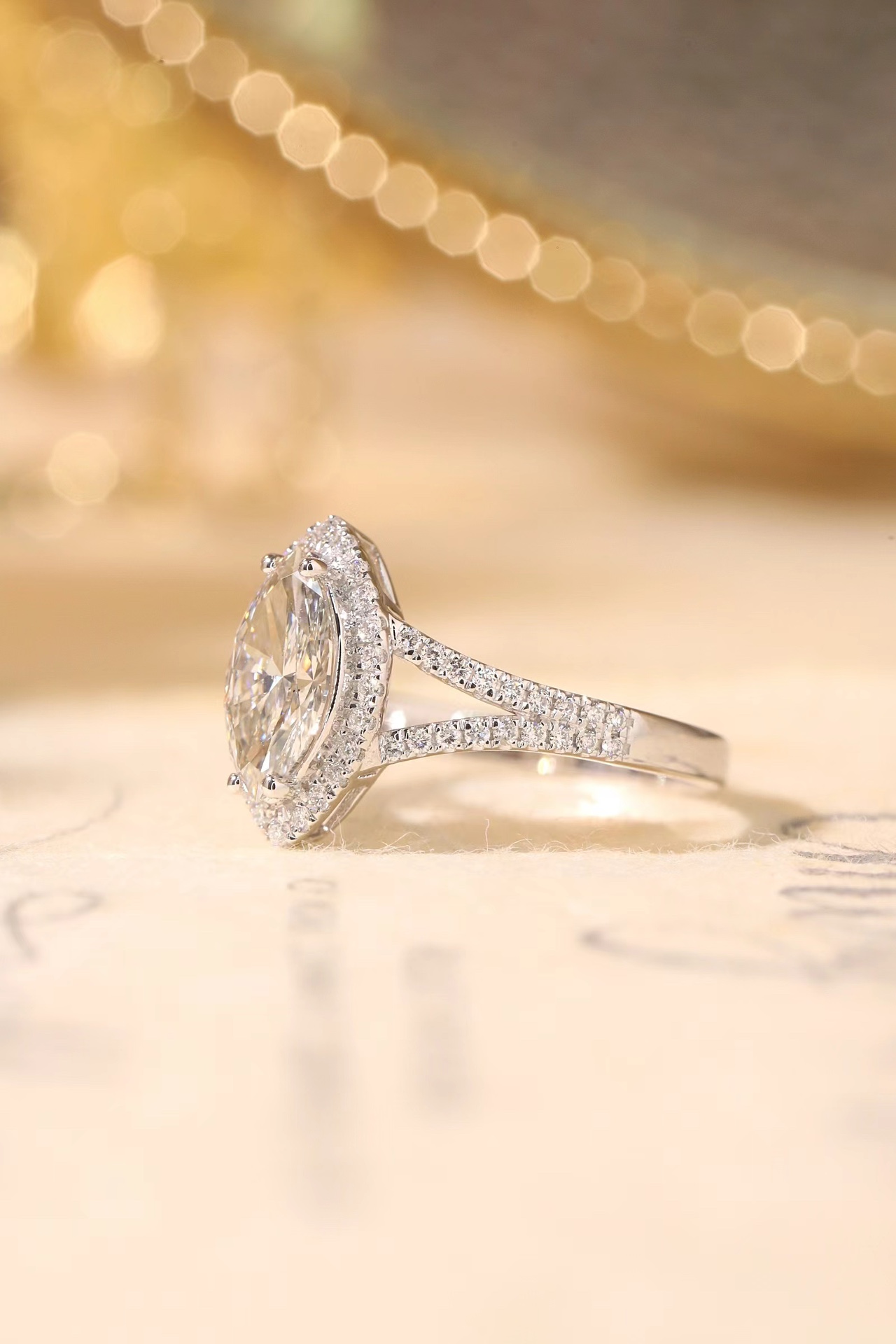 10K Gold Elegant Glow · 1ct Marquise Cut Lab Grown Diamond Ring with 0.30ct Side Stones